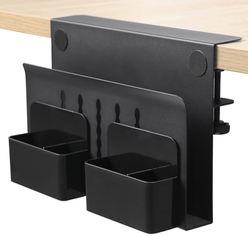 MAXECHO Desk Side Storage, Under Desk Laptop Mount, Table Side Hanging File Organizer, No Drill Clamp On Cable Management Tray, Laptop Holder with Magnetic Pen Holder for Office and Home, Load 22 Lbs