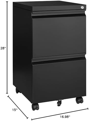 2 Drawer File Cabinet On Wheels Mobile Cabinet with Lock Under Desk Metal Filing Cabinet On Rollers Small Rolling File Cabinet Black Printer Stand for Home Office Fully Assembled