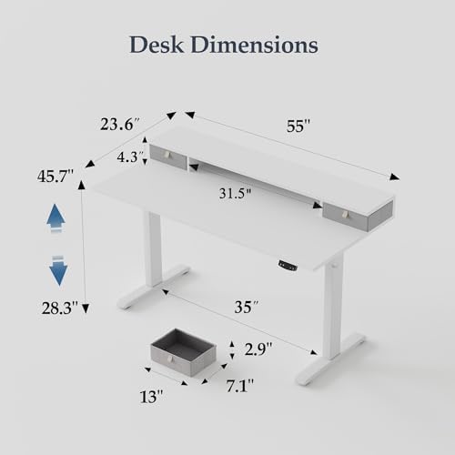 Klicelor 55 x24 Inch Electric Standing Desk with Drawers, Adjustable Height Small Sit Stand Desk for Home Office, Compact Computer Workstation with Storage– White