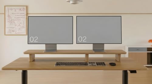 White Oak Dual Monitor Stand Riser - 43.3" Wooden Monitor Stand for 2 Monitors, Minimalist Desk Shelf Organizer for iMac, Laptop & Ultrawide Displays