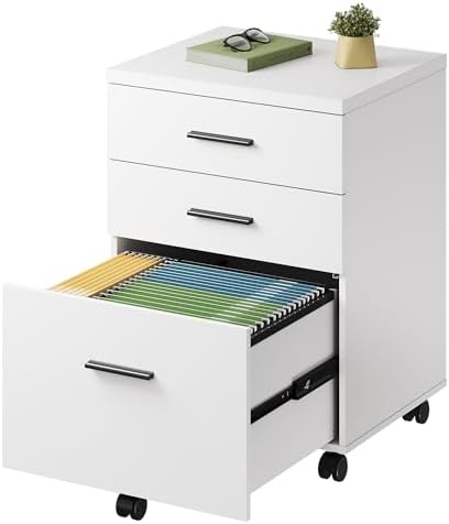 DEVAISE 3 Drawer File Cabinet, Wood Under Desk Filing Cabinet, White