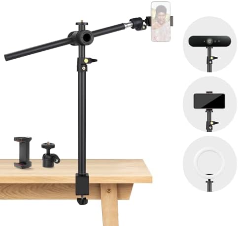 Overhead Camera Mount Desk Stand, Camera Arm Desk Mount Clamp Stand with 360°Adjustable Magic Arm, Webcam Arm Mount Stand w Ballhead Phone Mount for Desk Logitech Microphone Video Light Cell Phone