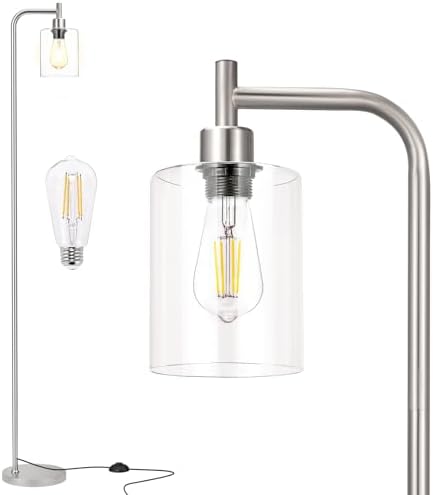 Ziisee Floor Lamps for Living Room - Industrial Standing Lamp with Glass Shade, Modern Floor Lamp with LED Bulbs, Tall Lamp for Bedroom Office - Brushed Nickel