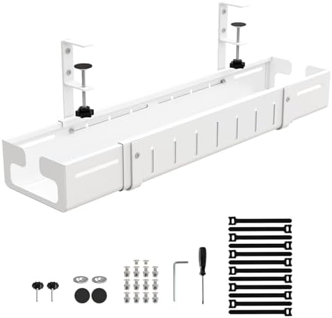 Under Desk Cable Management Tray, Expandable Length 25.2"-38.6",No Drill No Damage to Desk,Cable Tray with Clamp for with Wire Management,for Cord Organizer for Home Office Standing Desk, White