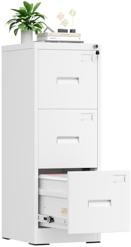 INTERGREAT 3 Drawer File Cabinet, White Metal Filing Cabinet with Lock, Locking Tall File Cabinets with 4 Adjustable Hanging Frame for Home Office, Name Tag