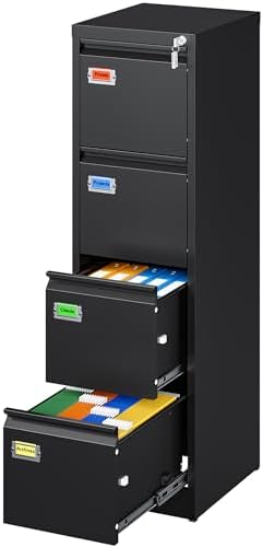PEUKC 4 Drawer File Cabinet, Vertical Filing Cabinets with Lock, Metal File Cabinets for Home Office, Anti-Tip 4 Storage Drawers for Letter/Legal/A4/F4 Size (Assemble Required, Black)