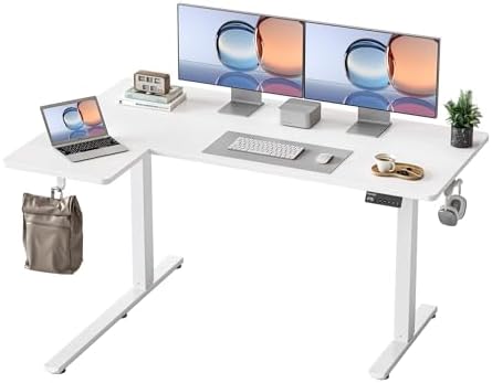 YIHAYO Reversiable L-Shaped Electric Standing Desk, 55 Inches Adjustable Height Corner Desk, Sit and Stand Up for Work Office Home, Computer Table with Splice Board, White