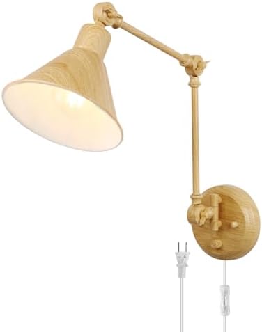 TRLIFE Wall Sconce Plug in, Dimmable Wall Sconce with Switch Swing Arm Wall Lights Plug in Wall Light Wall Sconces Lighting with 6FT Plug in Cord, E26 Base(1 Pack, Oak Color)