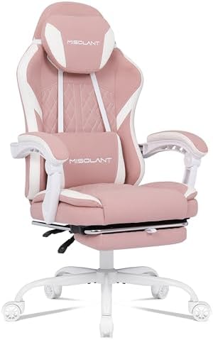 Misolant Gaming Chair, Fabric Gamer Chair with footrest for Adults, High Back Ergonomic Computer Game Chair with Adjustable Headrest and Massage Lumbar Support, 90-155° Recline Free, Pink
