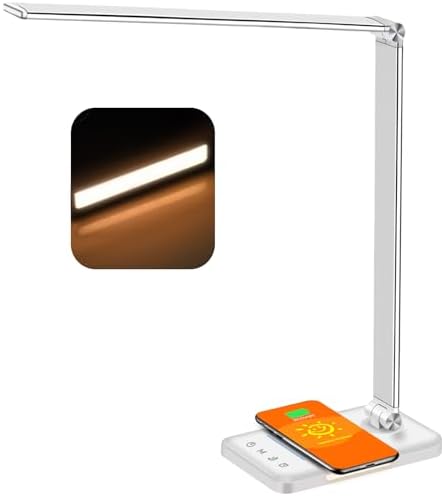 AFROG Multifunctional LED Desk Lamp with Wireless Charger, USB Charging Port, 5 Lighting Modes,5 Brightness Levels, Sensitive Control, 30/62 min Auto Timer, Eye-Caring Office Lamp with Adapter
