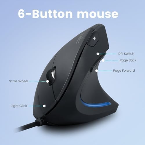 Perixx PERIMICE-513C Wired Vertical USB-C Mouse, 6 Buttons, Adjustable 1000/1600 DPI, Right-Handed, 5.9ft Cable, Black