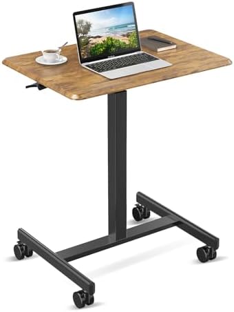 YSSOA Mobile Small Standing Desk - Rolling Desk with Adjustable Height and Lockable Wheels, Sit-Stand Laptop Table, Portable Computer Workstation, Brown