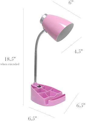 Simple Designs LD1002-PNK-LB 18.5" Gooseneck Organizer Desk Lamp with iPad Tablet Stand Book Holder with LED Bulb, Pink