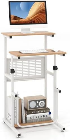 Tangkula Small Standing Desk, Height Adjustable Teacher Podium Stand, Compact Standing Table Lectern Podium, Laptop Desk with Footrest, Suitable for Sitting or Standing