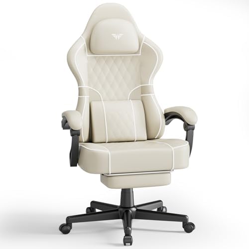 Ferghana Leather Ergonomic Gaming Chair with Footrest and Linkage Armrest, High Back Computer Game Chair with Massage Lumbar Support for Adult(Beige)