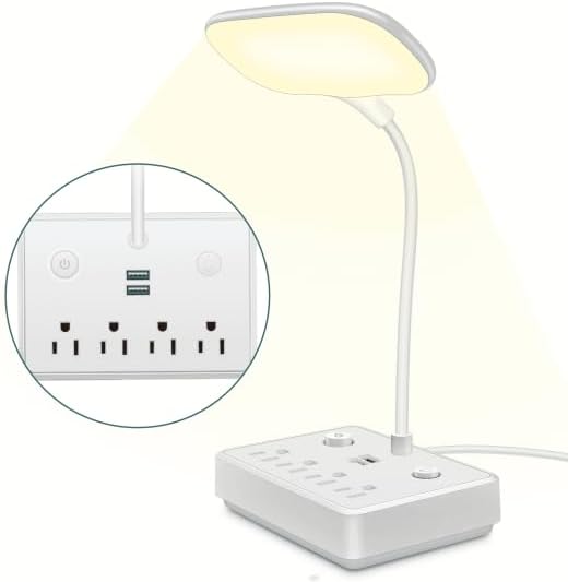 LED Desk Lamp with 4 AC Outlets, 2 USB Charging Ports, Gooseneck, Dimmable, 4ft Cord for Reading, Working, Studying