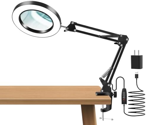 10X Magnifying Glass with Light and Clamp, Real Glass Lens, Adjustable Swing Arm, 3 Color Modes, Stepless Dimming LED Magnifying Lamp for Reading, Crafts, Soldering, Sewing & Close Work