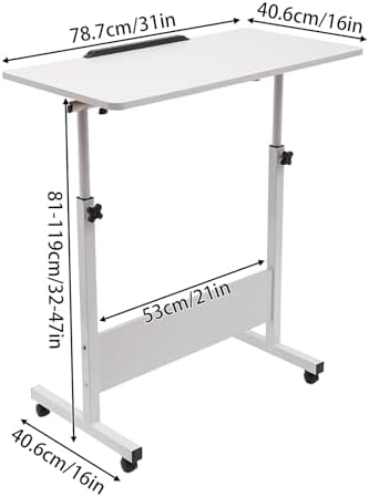 Adjustable Height Standing Desk 32-47", 24"Writable Tempered Glass Desktop with Eraser, Lockable Wheels & Storage Bag, Portable Mobile Sit Stand Laptop Desk for Small Spaces Home Office White