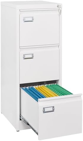 SISESOL 3 Drawer File Cabinet with Lock and Tag,Narrow Three Drawer Filing Cabinet,Vertical Metal File Cabinets,Small White Filing Cabinets for Home Office Fit Letter/A4/Legal Size File,Easy Assembly
