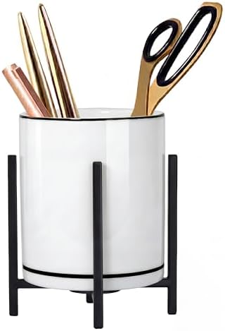 Ceramic Pencil Cup for Desk, White and Black Pen Holder for Desk, Desktop Makeup Brush Holder, Black Ceramic Pencil Holder
