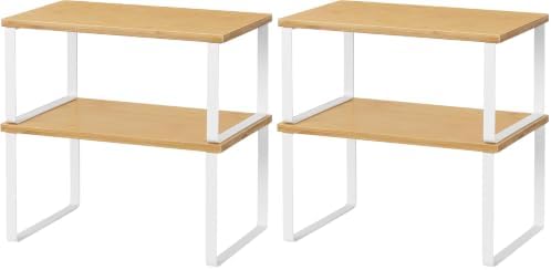 NEX Kitchen Cabinet and Counter Shelf Organizer, Stackable & Expandable, White and Natural (Pack of 2)