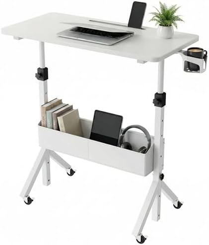 HUANUO Mobile Standing Desk with Wheels and Storage Basket, Height Adjustable 28.7"-46.1" Rolling Desk for Walking Pad, Small Space Laptop Computer Workstation for Home Office,White