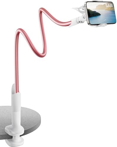SAIJI Gooseneck Phone Stand for Bed, Lazy Bracket Cell Phone Holder Long Arm Clip Clamp Mount for Filming, Compatible with 4-7'' Mobile Cell Phone Stand Document Camera Nintendo Switch (Rose Gold)