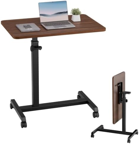 GTPLAYER Small Standing Desk, 24 Inches Foldable Mobile Rolling Laptop PC Table with Lockable Casters, Adjustable Height Overbed Bedside Table Computer Workstation for Home Office, Dark Brown-Foldable