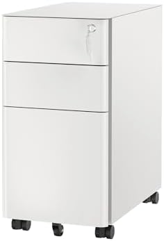 Mount-It! Slim 3 Drawer White File Cabinet with Lock, Mobile Metal Filing Cabinet on Wheels, Under Desk Storage Drawers for Home & Office, Letter Legal A4, White