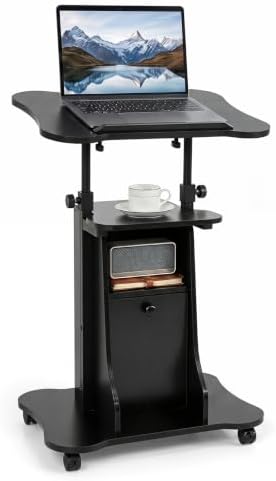 GIANTEX Mobile Podium Stand, Sit-to-Stand Laptop Cart (Black, 1 Pack)