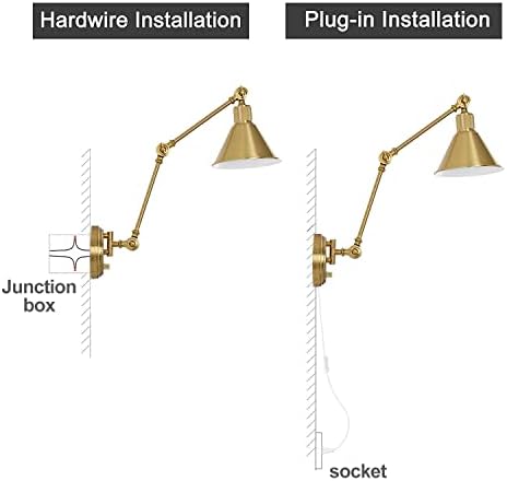 TRLIFE Wall Sconces Plug in, Dimmable Wall Sconces Brushed Brass Swing Arm Wall Lights Plug in Wall Mounted Light Industrial Wall Lights with 6FT Plug in Cord, E26 Base, UL Listed(Two Arms, 2 Pack)