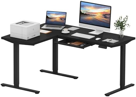 SANODESK Electric L-Shaped Corner Standing Desk with Drawer，63x48