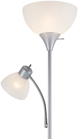Globe Electric 67134 72" Torchiere Floor Lamp and Adjustable Reading Light, Silver, Frosted Shade, Dual Rotary Switch, 3-Step Dimming, Modern Lighting for Living Room or Office, Timeless