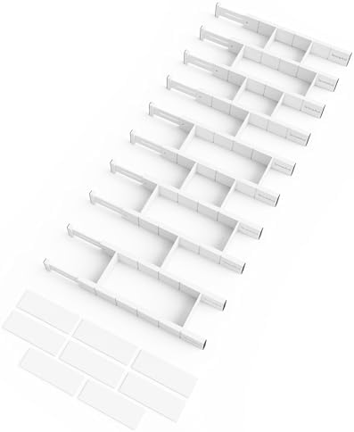 SpaceAid Bamboo Drawer Dividers with Inserts and Labels, Kitchen Adjustable Drawer Organizers, Expandable Organization for Home, Office, Dressers, 10 Dividers with 24 Inserts (17"-22" White)