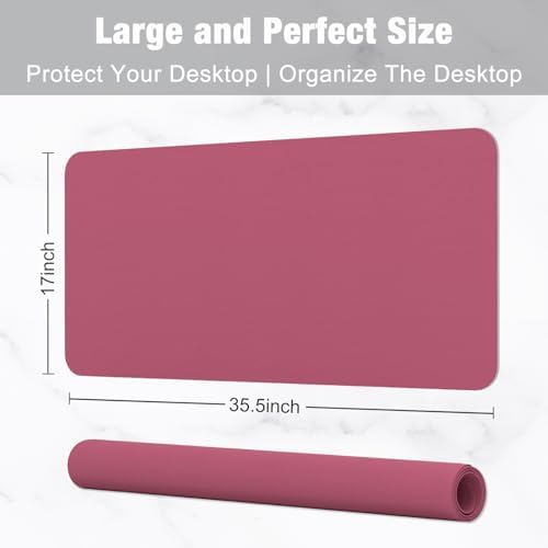 Hsurbtra Desk Pad, 35.5" x 17" PU Leather Desk Mat, XXL Extended Mouse Pad, Waterproof Desktop Blotter Protector, Non-Slip Ultra Thin Large Laptop Keyboard Writing Mat for Office Home, Deep Red
