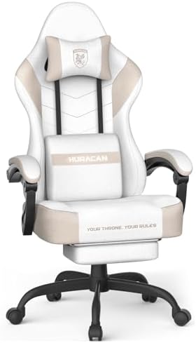 Ferghana Cotton Fabric Gaming Chair - Wider Seat Cushion, Shield-Shaped Embroidery, Ergonomic High Back with Footrest, Computer Gamer Chair for Adults Featuring Massage Lumbar Support, Beige