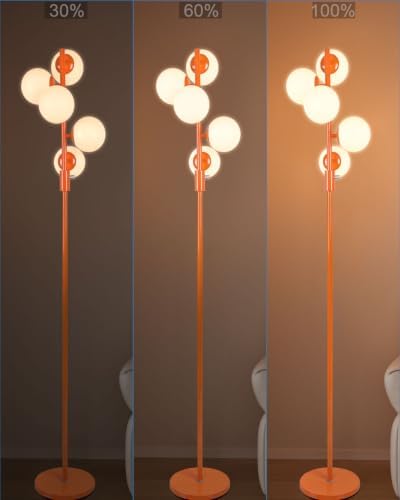 64IN Dimmable Orange Floor Lamp, Tall Standing Lamps with 5 Globe Soft Warm White Eye Care 3000K G9 Bulbs, Mid Century Modern Floor Lamp with 5Lbs Heavy Base for Living Room Bedroom Office