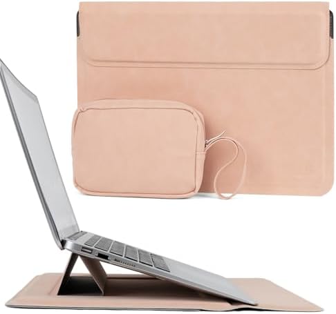 Allinside 13-14 Inch Laptop Sleeve Case for MacBook Pro 14" 2021-2026/MacBook Air 13" 2010-2017/MacBook Pro 13" 2010-2015, Waterproof PU Matte Leather Sleeve with Stand & Accessory Pouch, Pale Pink