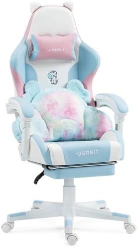 Gaming Chair, Cute Cat Gaming Chairs with Paw Lumbar Cushion for Girls, Video Gamer Chair with Footrest for Girl Teen Woman (BluePink-A)