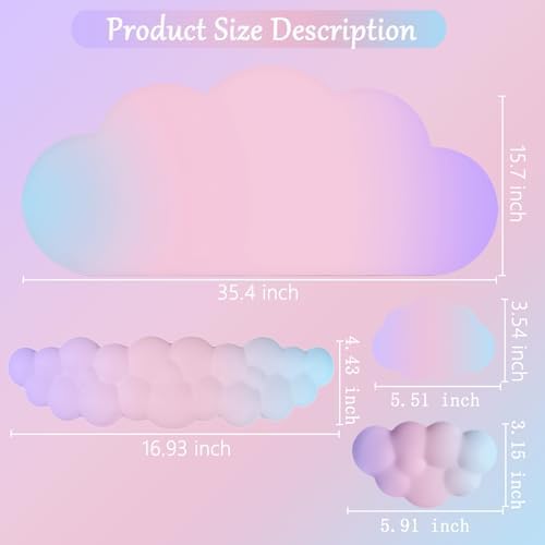 Cloud Mouse Pad Keyboard Wrist Rest for Mouse 4PCS Extended Large Desk Mat Pad Set Memory Foam Non-Slip Cute Ergonomic Gaming Mouse Wrist Support for Computer Home Office 35.4x15.7in Pink Purple Blue