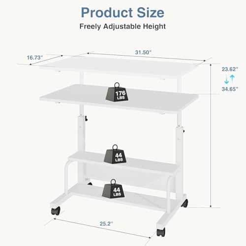 Simple Deluxe 31.5" Manual Standing Desk, Height Adjustable Mobile Computer Desk with Lockable Wheels & 2-Tier Storage, Rolling Laptop Table for Small Spaces & Home Office, White