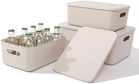 Yishyfier Plastic Storage Baskets With Lid Organizing Container Lidded Knit Storage Organizer Bins for Shelves Drawers Desktop Closet Playroom Classroom Office (M+2S, Light grey)