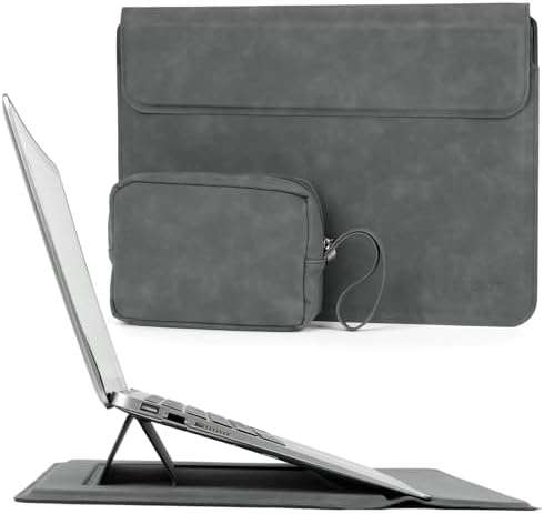 Allinside 13-14 Inch Laptop Sleeve Case for MacBook Pro 14" 2021-2026/MacBook Air 13" 2010-2017/MacBook Pro 13" 2010-2015, Waterproof Matte PU Leather Sleeve Cover with Stand & Accessory Pouch, Gray