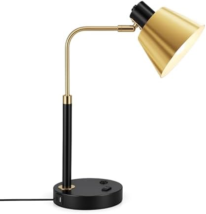 Desk Lamp with USB-C, USB-A and AC Outlet, Adjustable E26 Table Lamp for Home Office and Bedside Reading, Matte Black and Brushed Brass-Look, Bulb Not Included