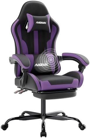 Gaming Chair, Ergonomic Computer Chair with Footrest and Lumbar Support, Height Adjustable Game Chair with 360°-Swivel Seat and Headrest and for Office or Gaming BLACKPURPLE