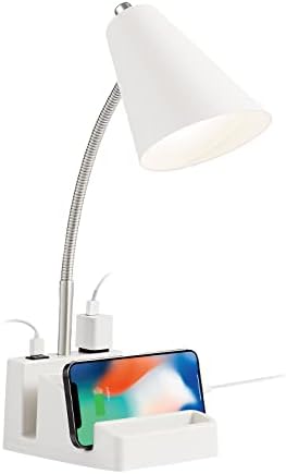 LED Desk Lamp with 1 USB Charging Port and 1 AC Outlet, Organizer Base, Adjustable Neck, On/Off Switch, Modern Table Lamp for Reading, Working, Studying, Gentle Warm White Light, Eye Protect