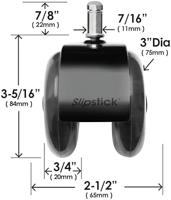 Monster 3” Dual Rollerblade Office Chair Wheels (Set of 5) Slipstick Premium Rubber Caster Wheels for Chairs, Smooth & Safe Rolling on All Flooring