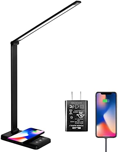 LED Desk Lamp with Wireless Charger,Eye-Caring Table Lamps,Stepless Dimmable Office Lamp with USB Charging Port,Touch/Memory/Timer Function,25 Brightness Lighting,Foldable Lamp