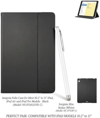 Insignia Universal Folio Case for iPad 10.2"–11" with Slim Stylus Pen, Black/White