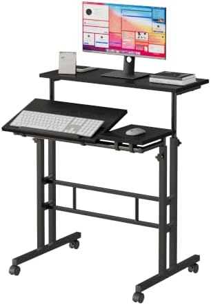 VECELO Mobile Small Standing Desk Adjustable Height, Computer Workstations with Tiltable Tabletop, Lockable Wheels, Portable Rolling Laptop Desk for Home Office, Black